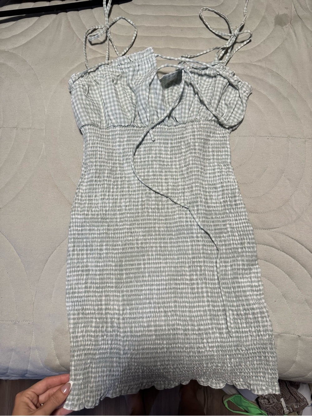 Princess Polly Light Sage Gingham Smocked Mini Dress